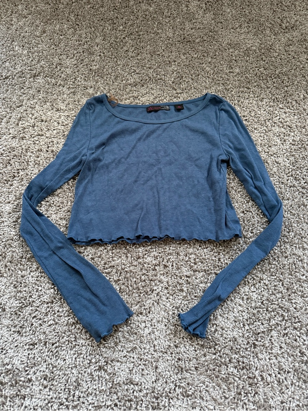 Blue Ribbed Long-Sleeve Crop Top